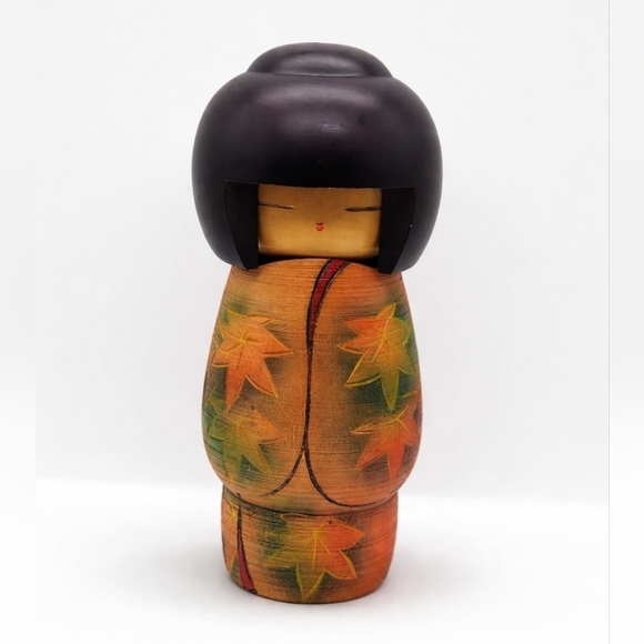 kokeshi Other - Wooden Doll with Autumn Leaves Seigaku Ando Kokeshi Doll | Approx. 8" VTG Rare